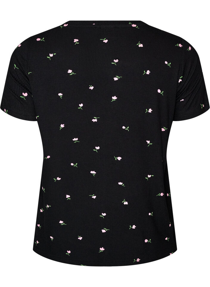 Gebl&uuml;mtes Pyjamaoberteil mit Rippstruktur, Schwarz, Packshot image number 1