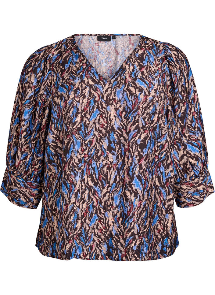 Bluse mit V-Ausschnitt und 3/4-Ärmeln, Blau, Packshot image number 0