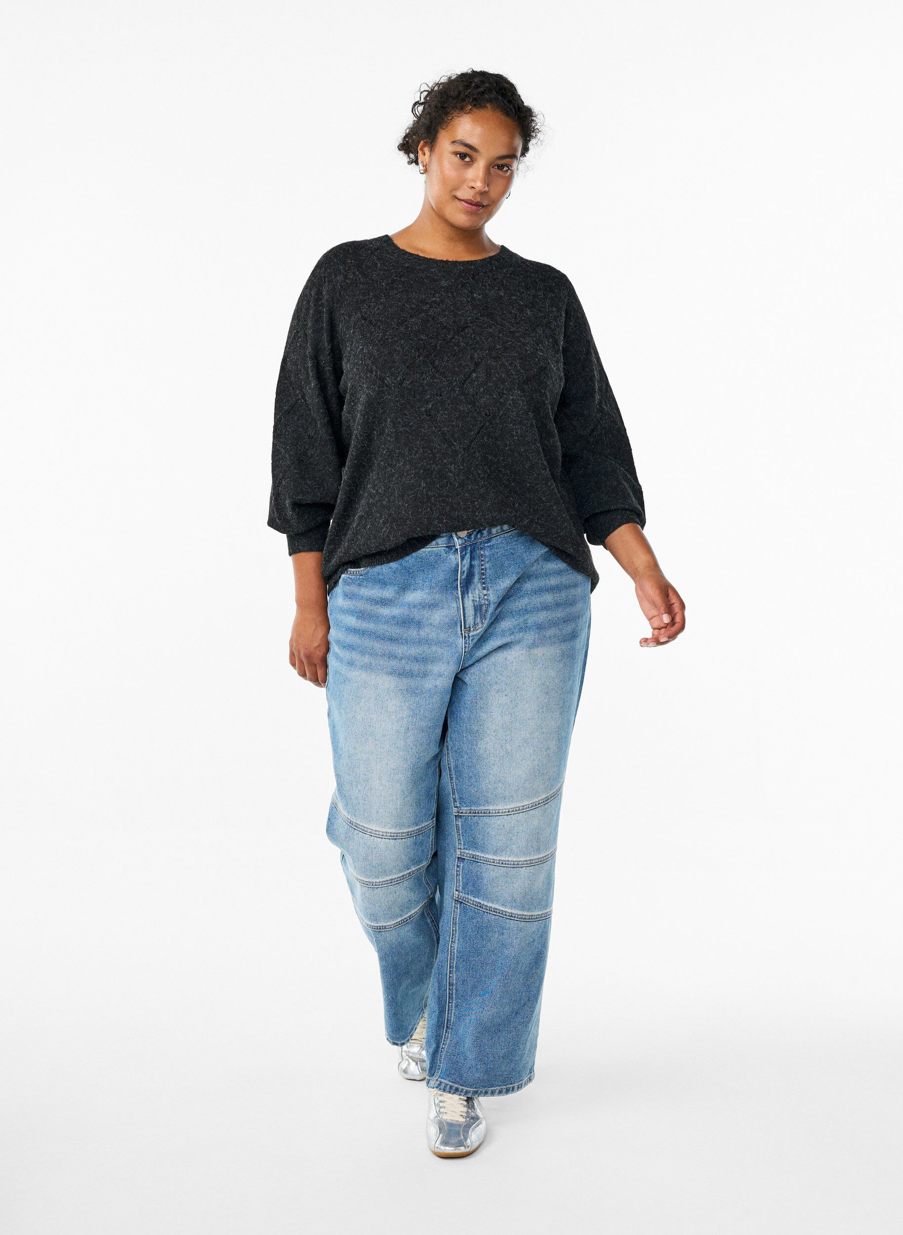 ZizziStricktop mit Lochmuster und Ballon&auml;rmeln, Grau, Model image number 1