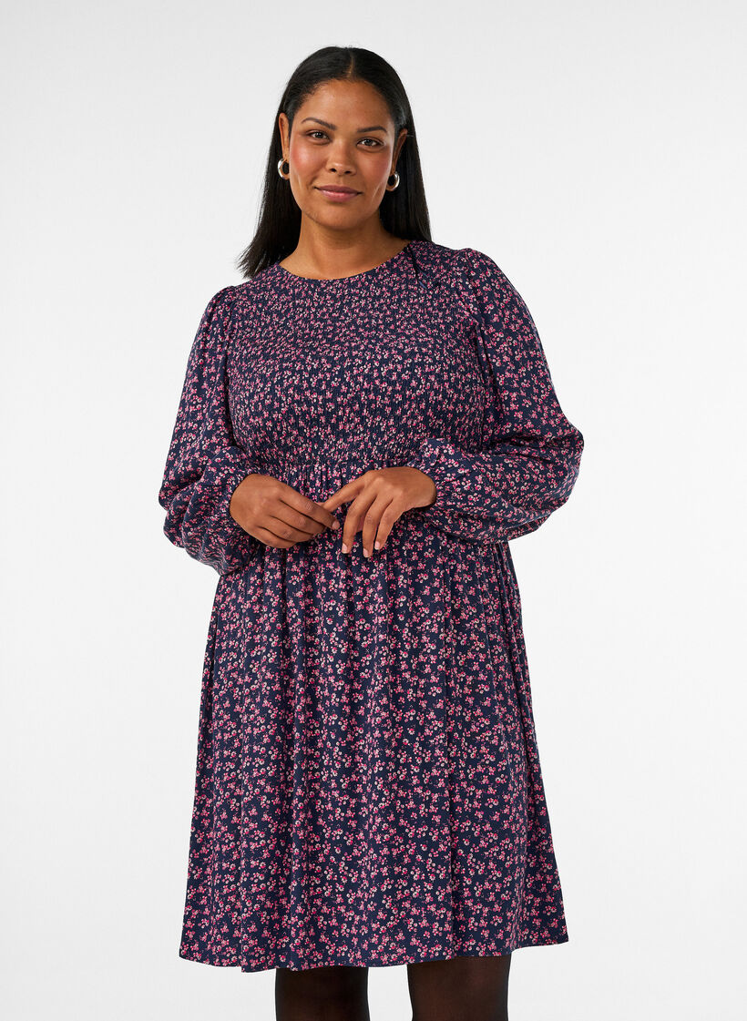 Kleid mit gesmoktem Oberteil und kleingebl&uuml;mtem Muster, Blau, Model image number 0