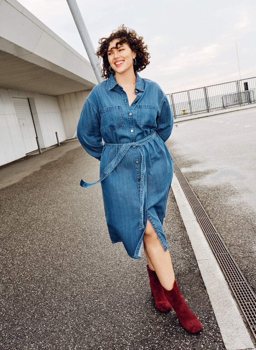 Denim-Hemdkleid mit Bindegürtel und Seitentaschen, Blau, Image image number 0