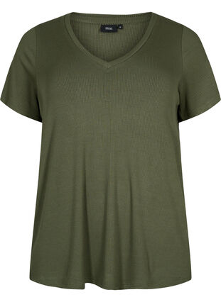 Geripptes T-Shirt aus Viskose mit V-Ausschnitt, Thyme, Packshot image number 0