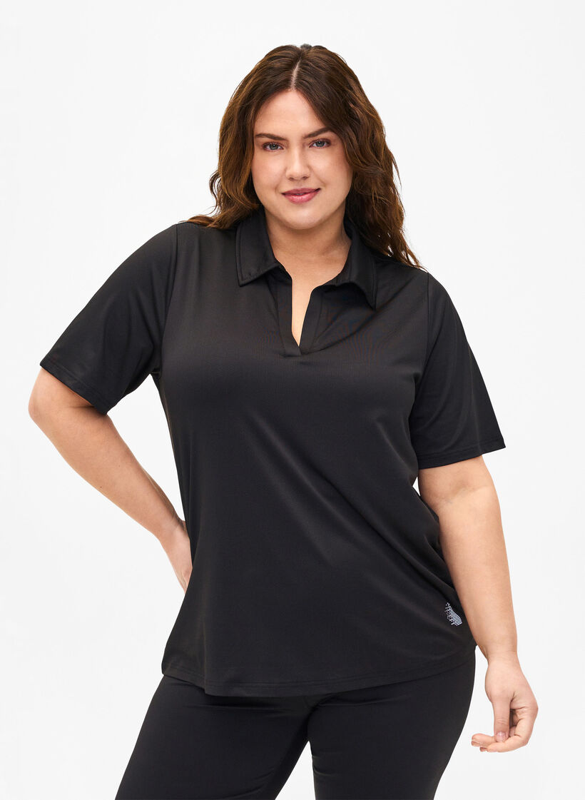 Polo-T-Shirt mit V-Ausschnitt, Black, Model image number 0