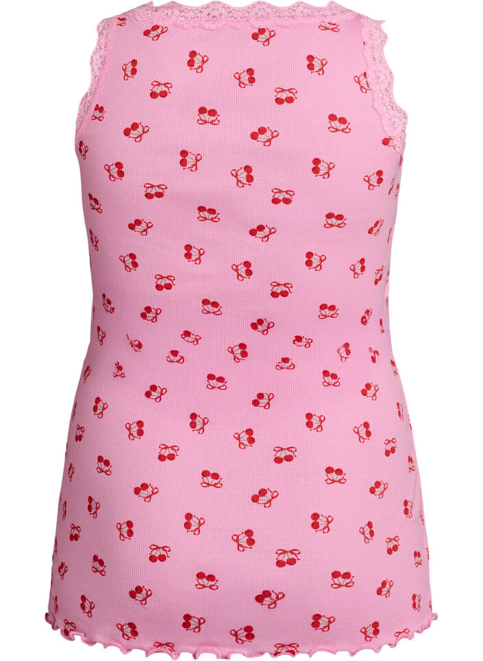 Oberteil mit Aufdruck und Spitzenborte, Pink, Packshot image number 1