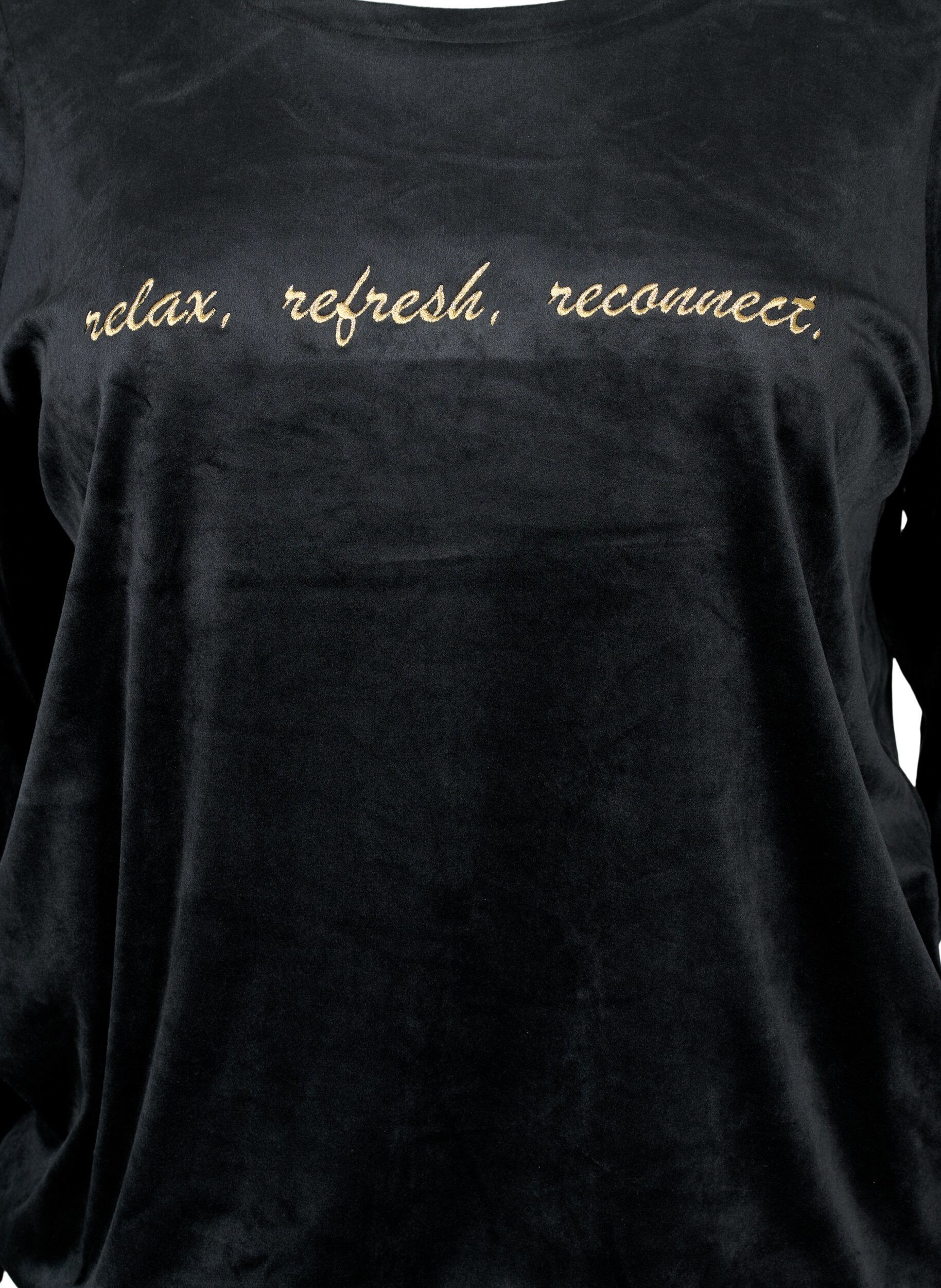 ZizziVeloursbluse mit aufgesticktem Text, Black, Packshot image number 2