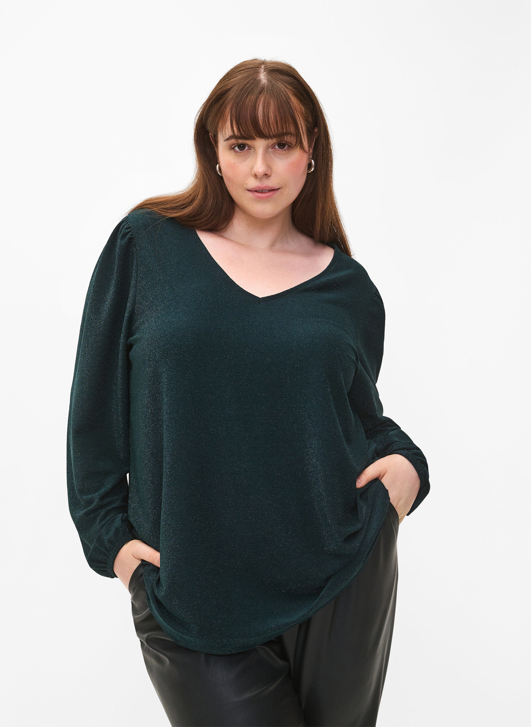 Zizzi Glitzerbluse mit Puff&auml;rmeln, Black Scarab, Model image number 0