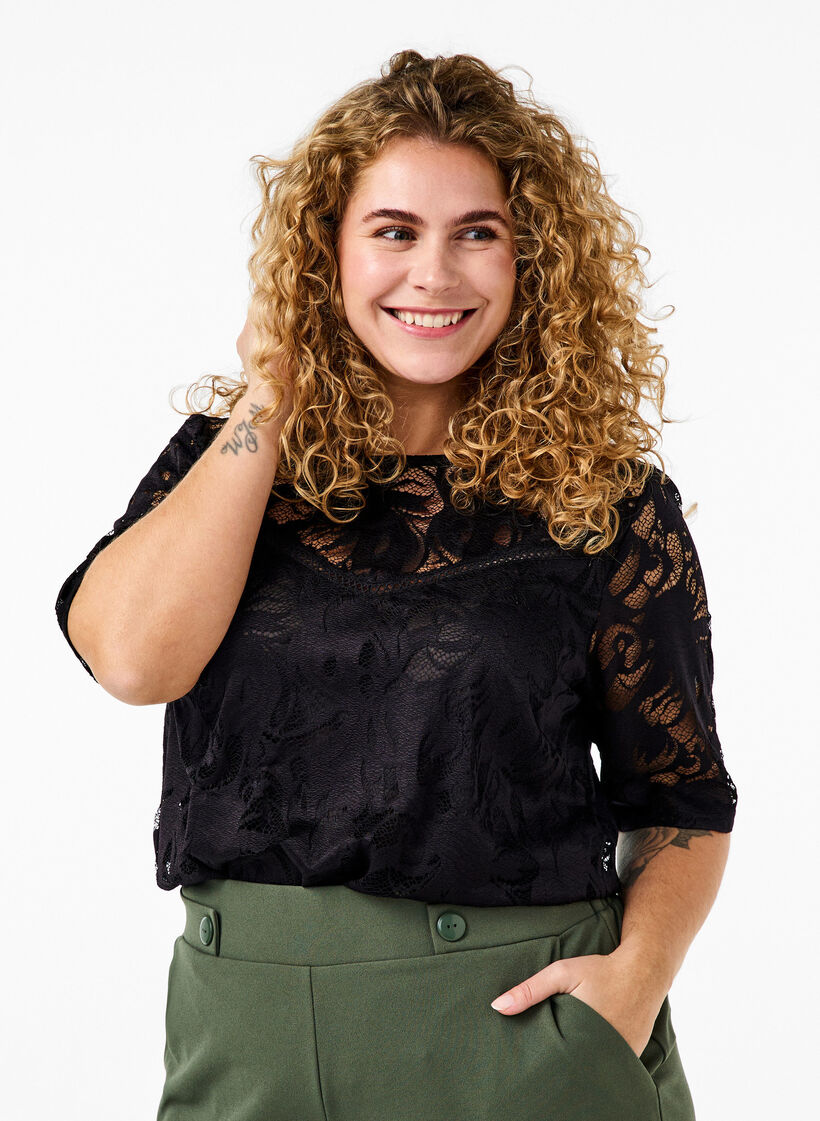 Bluse mit Spitze und kurzen Ärmeln, Black, Model image number 0