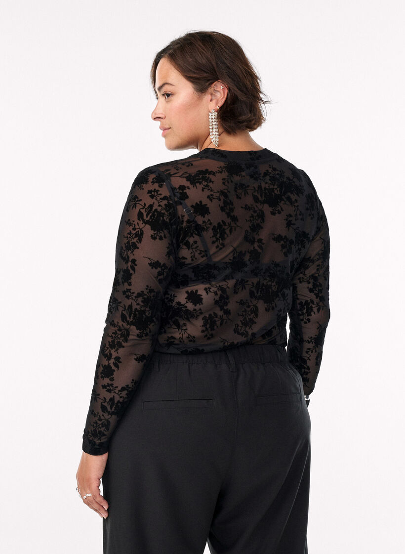 Meshbluse mit Blumenmuster, Schwarz, Model image number 2