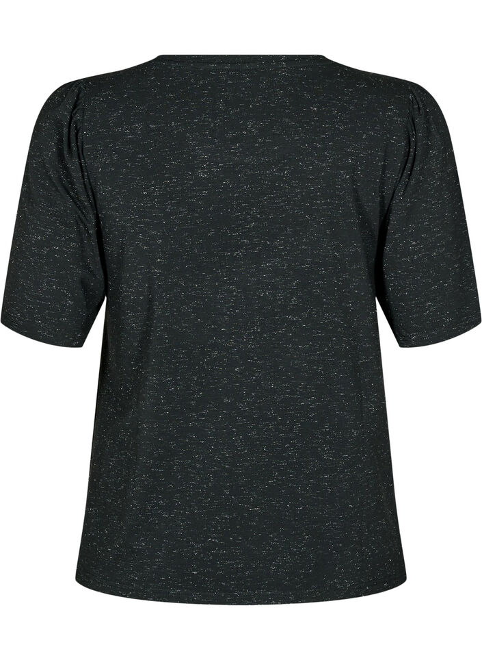 T-Shirt mit Glitzer und kurzen Puffärmeln, Schwarz, Packshot image number 1
