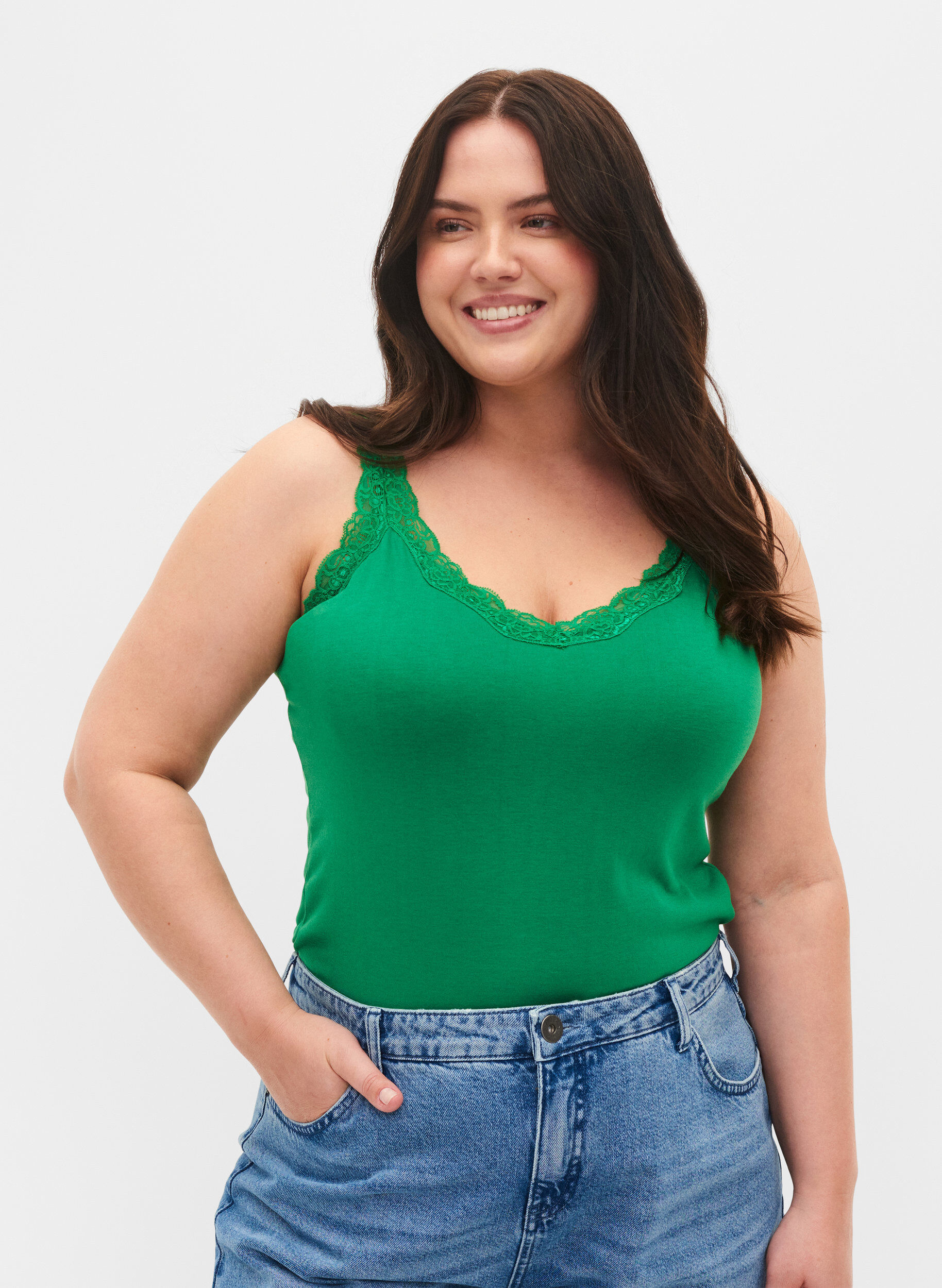 Zizzi2er-Pack Tops mit Spitze, Navy B/Jolly Green, Model image number 0