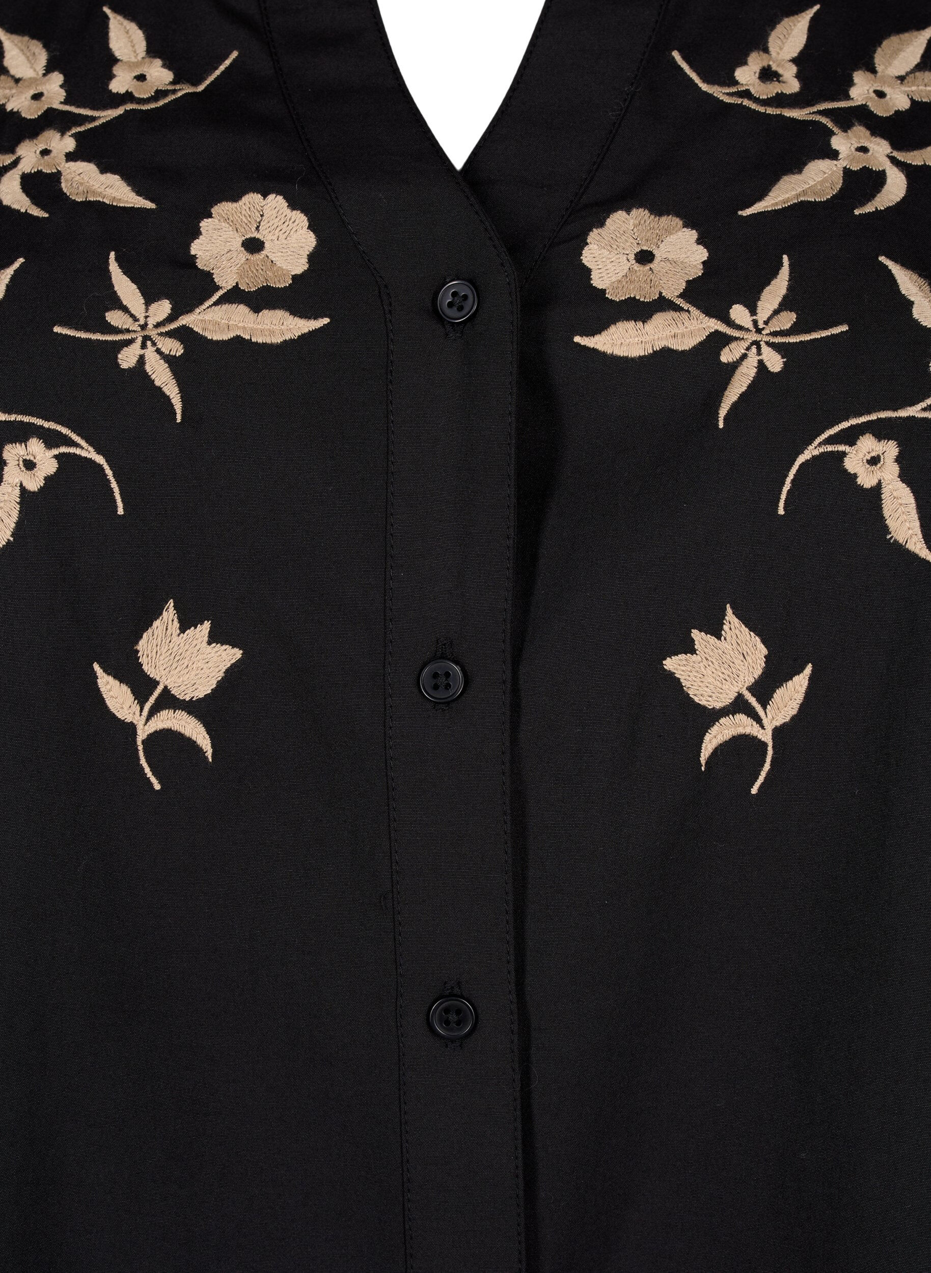 Zizzi Hemdbluse mit Blumenstickerei und 3/4-&Auml;rmeln, Black W. Beige Emb. , Packshot image number 2