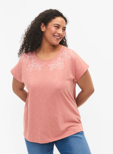 T-Shirt aus Baumwolle mit Blattprint, Old Rose W. Leaf, Model image number 0
