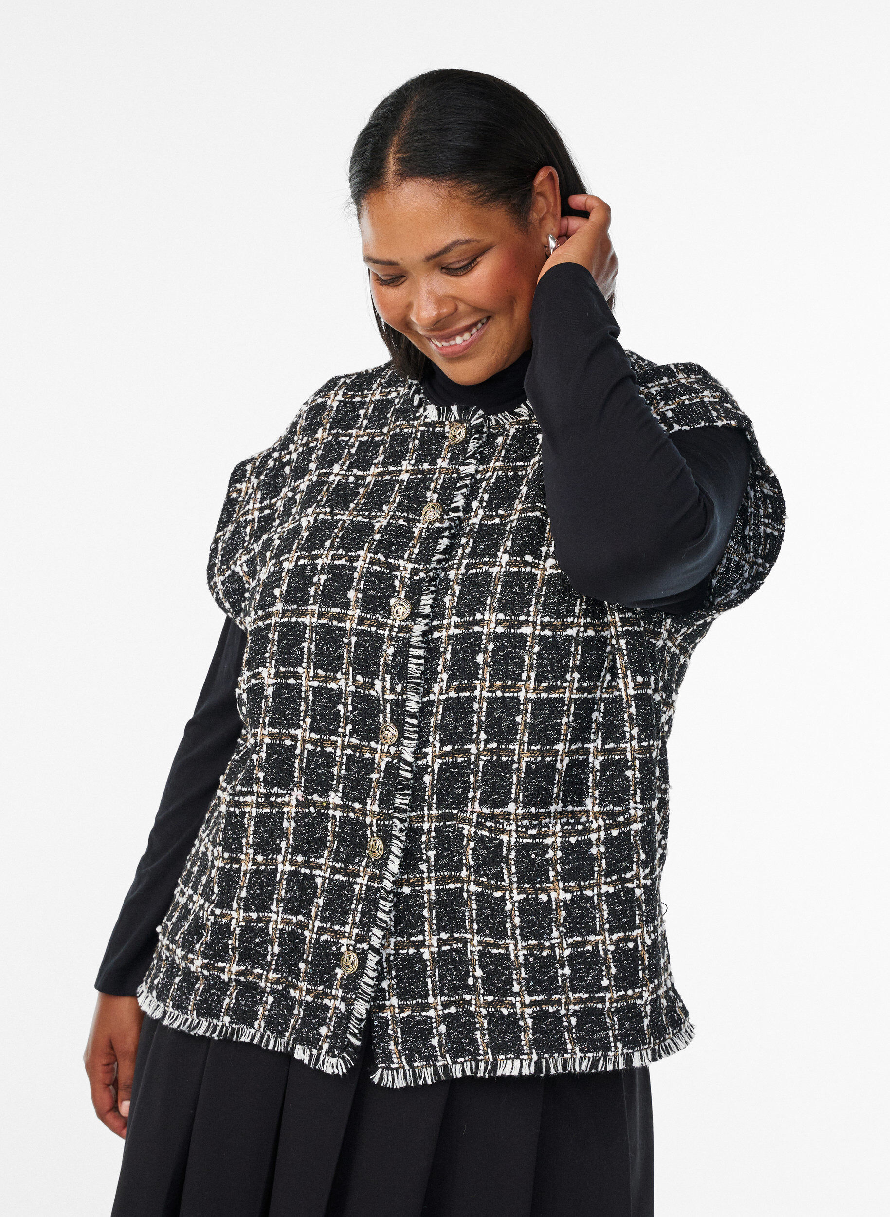 ZizziKarierte Weste mit Zierkn&ouml;pfen, Schwarz, Model image number 0