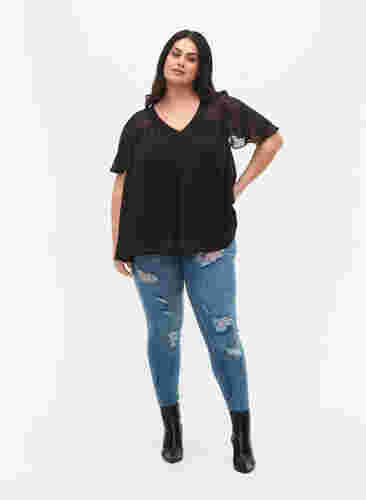 Einfarbige Bluse mit Fledermausärmeln und V-Ausschnitt, Black, Model image number 3