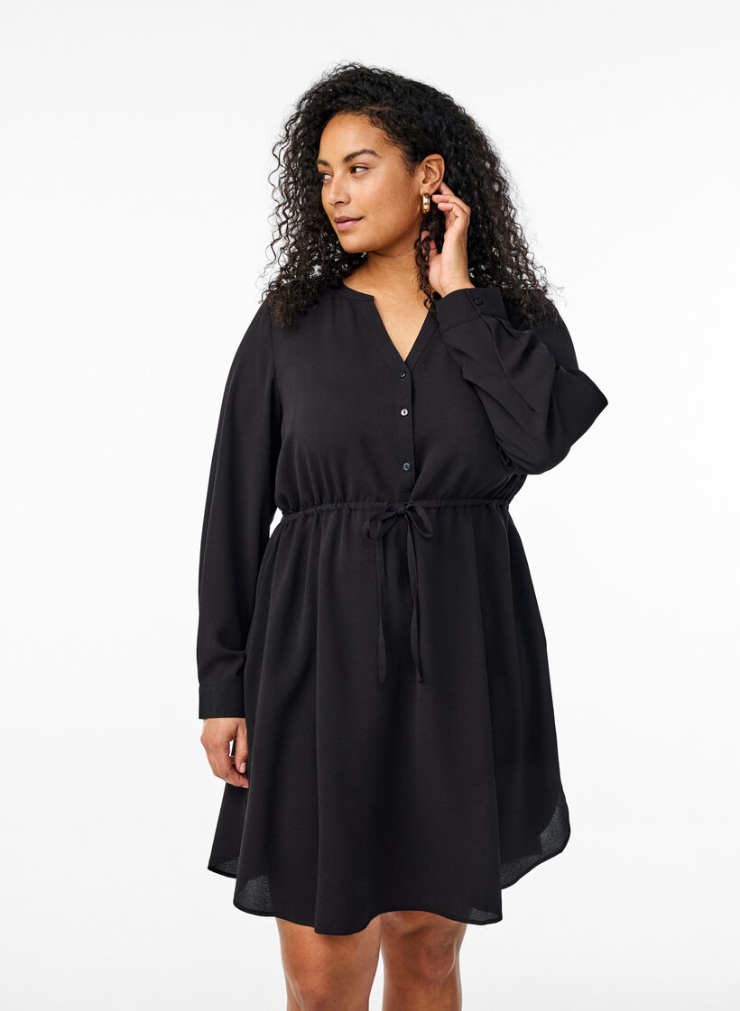 Knielanges Kleid mit Bindegürtel, Schwarz, Model image number 0