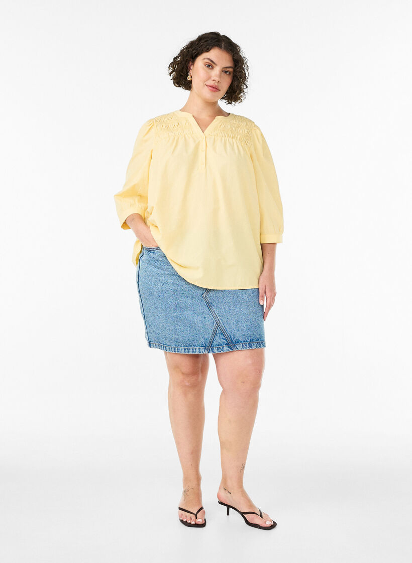 Bluse mit Smock und 3/4-&Auml;rmeln, Gelb, Model image number 1
