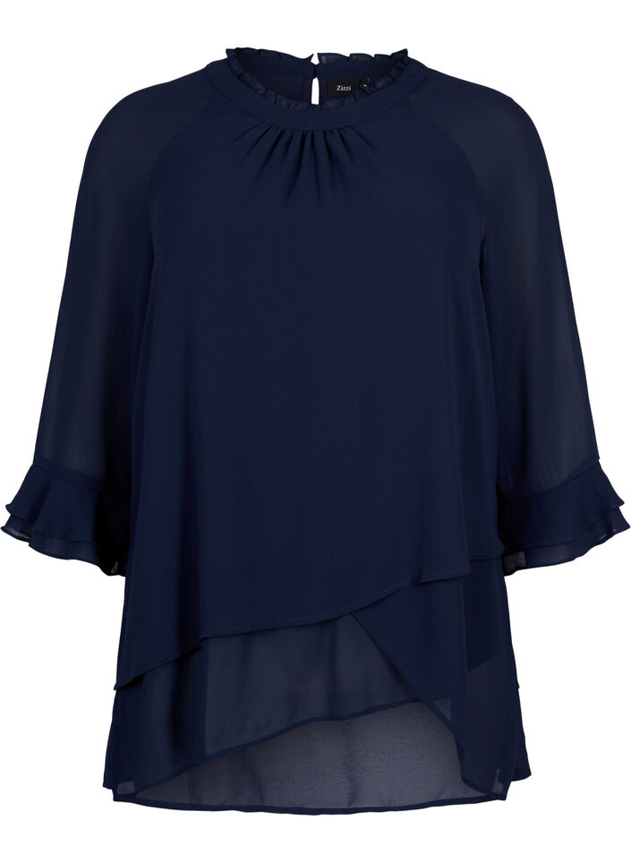 Bluse mit asymmetrischem Saum und 3/4 Ärmeln, Navy Blazer, Packshot image number 0