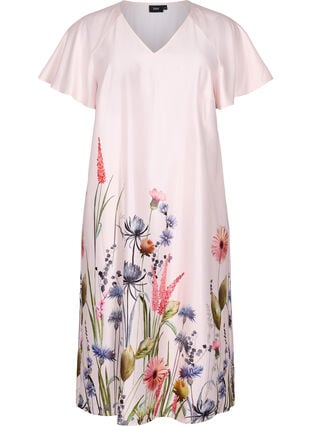 Midi-Kleid mit Blumendruck und kurzen Ärmeln, White Sand, Packshot image number 0