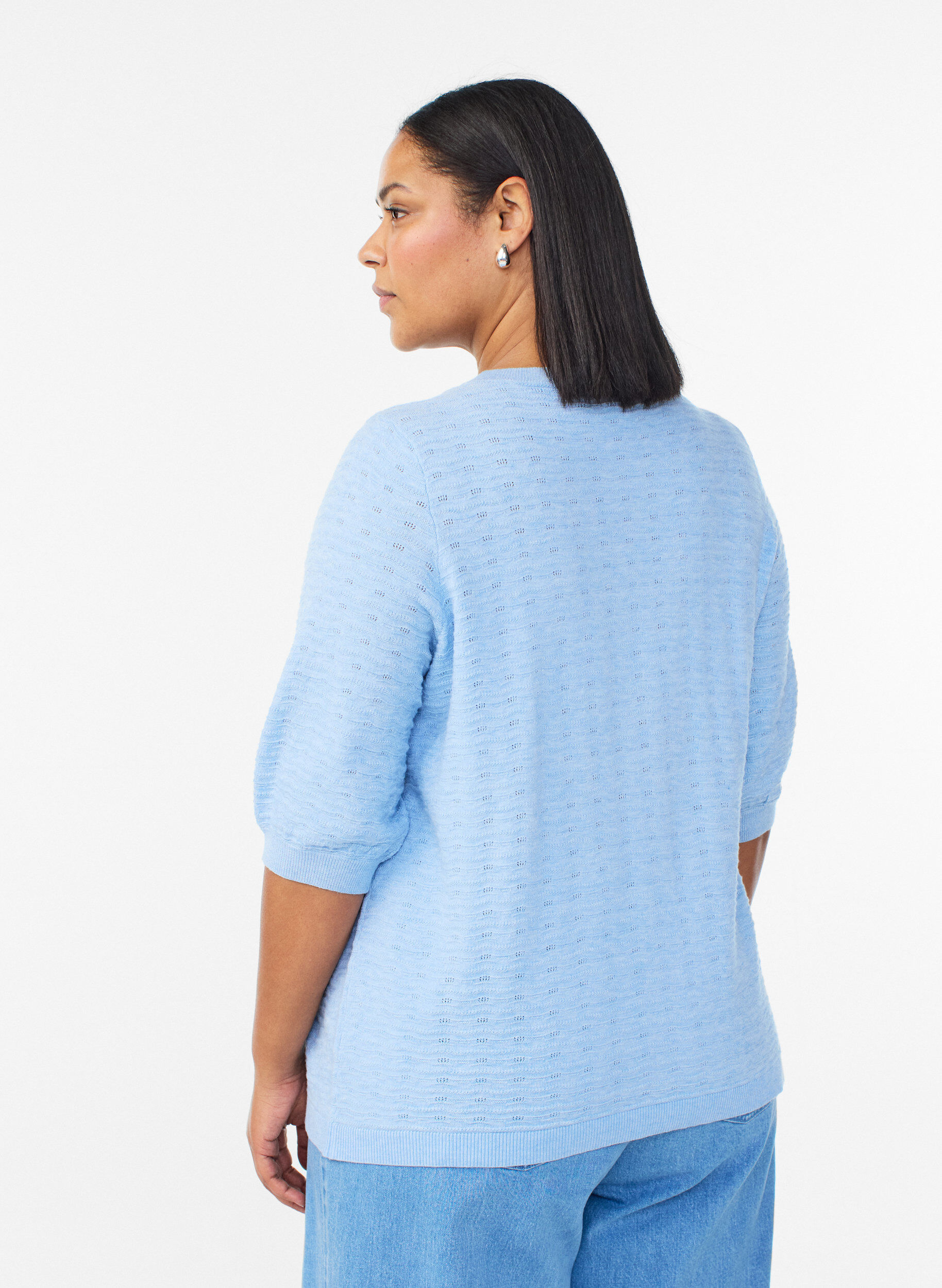 ZizziStrickbluse mit Strukturmuster und kurzen &Auml;rmeln, Blau, Model image number 2