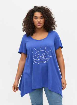 Kurzarm T-Shirt aus Baumwolle mit A-Linie, Dazzling Blue HELLO , Model image number 0