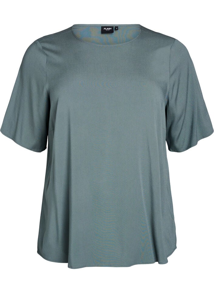 Kurz&auml;rmelige, gewebte Bluse mit Rundhals, Gr&uuml;n, Packshot image number 0