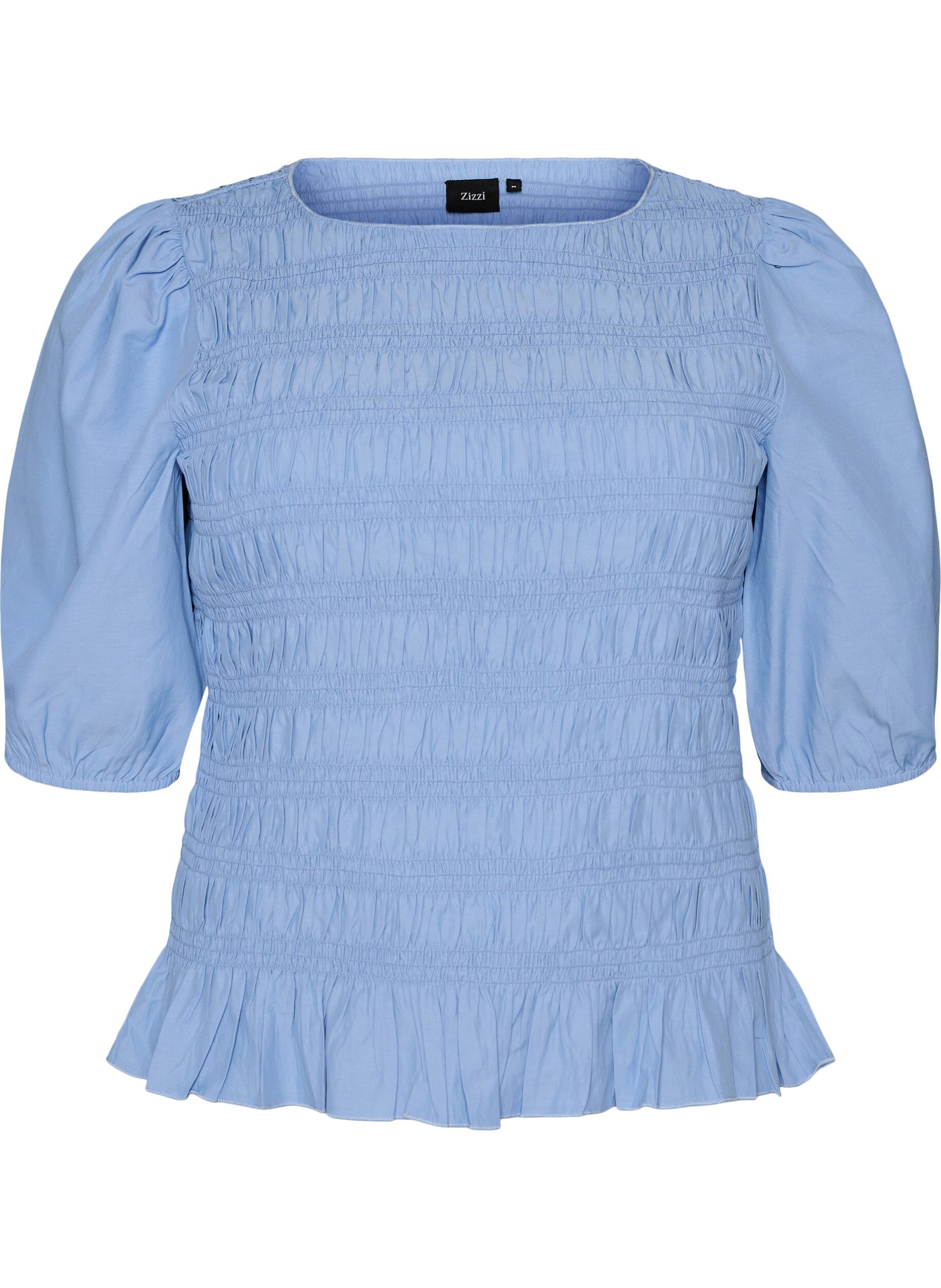 ZizziSmockbluse mit R&uuml;schensaum und U-Boot-Ausschnitt, Blau, Packshot image number 0