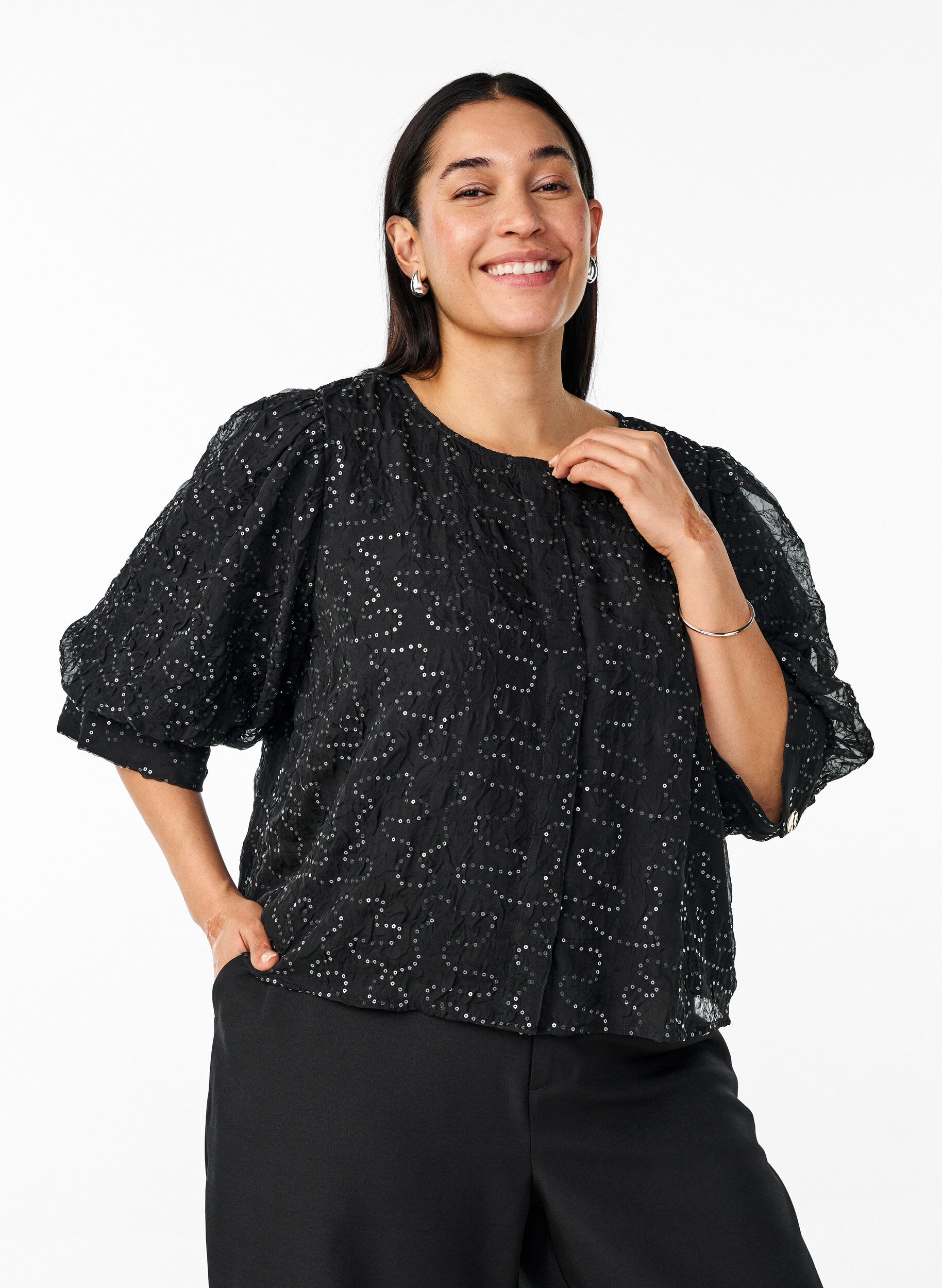 Partybluse mit Pailletten und halblangen &Auml;rmeln, Schwarz, Model