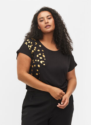 Kurzärmeliges Viskose-T-Shirt mit Druck, Black Gold , Model image number 0