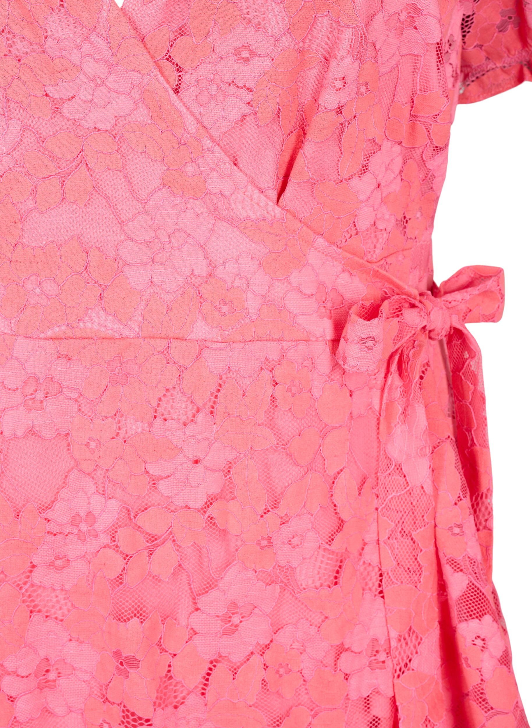 ZizziWickelkleid mit Spitze und kurzen &Auml;rmeln, Pink Carnation, Packshot image number 2