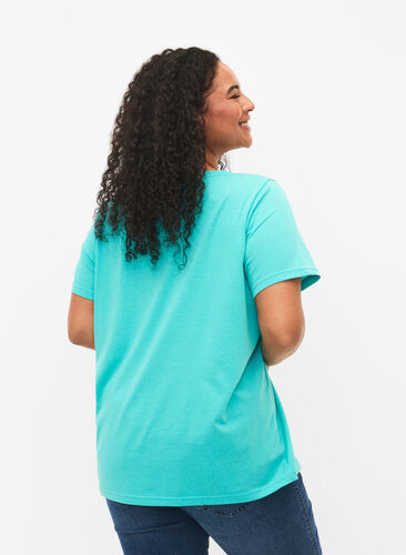 Kurzärmeliges T-Shirt mit V-Ausschnitt, Turquoise, Model image number 1