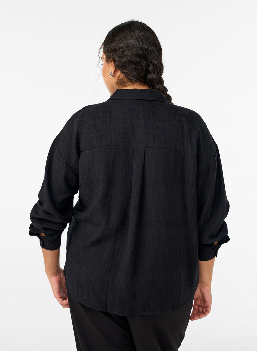 Lockere Bluse mit Struktur und V-Ausschnitt, Schwarz, Model image number 2