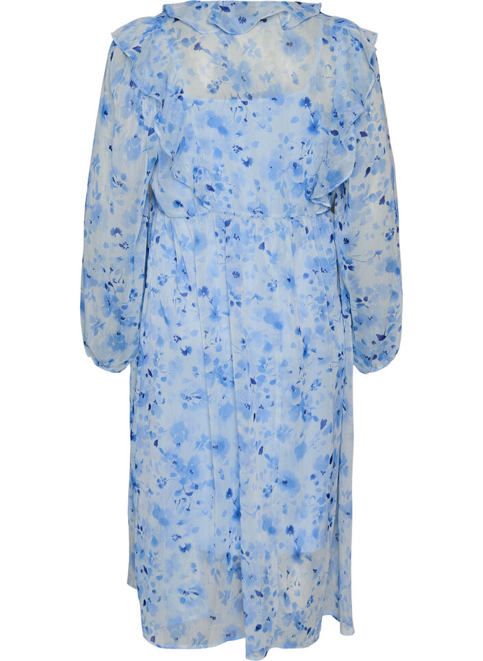 Gebl&uuml;mtes Kleid aus Chiffon mit R&uuml;schen und langen &Auml;rmeln, Blau, Packshot image number 1
