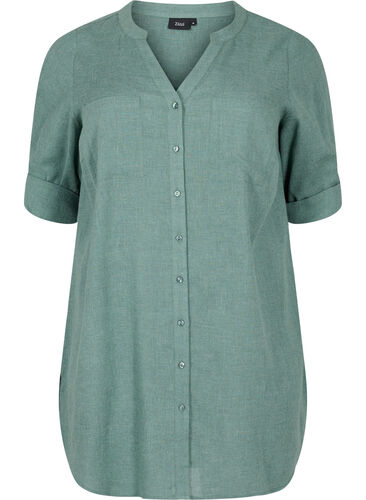 Lange Hemdbluse mit 3/4-Ärmeln und V-Ausschnitt, Balsam Green, Packshot image number 0