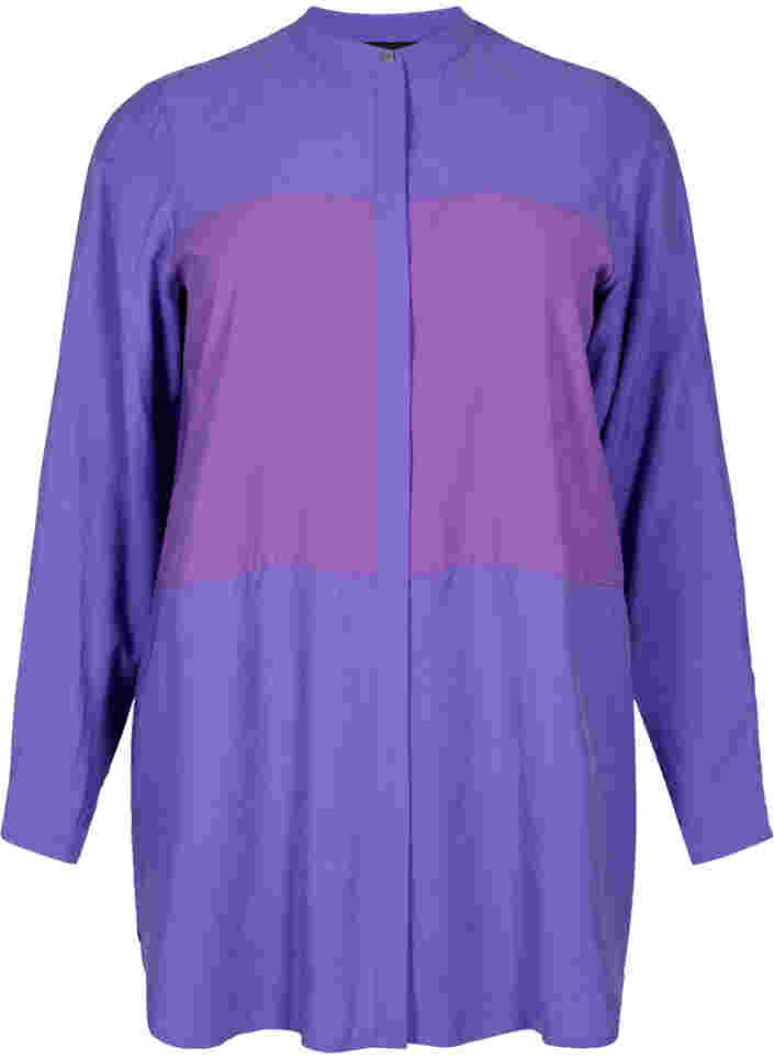 Lange Hemdbluse mit Color-Block, Purple Block, Packshot image number 0
