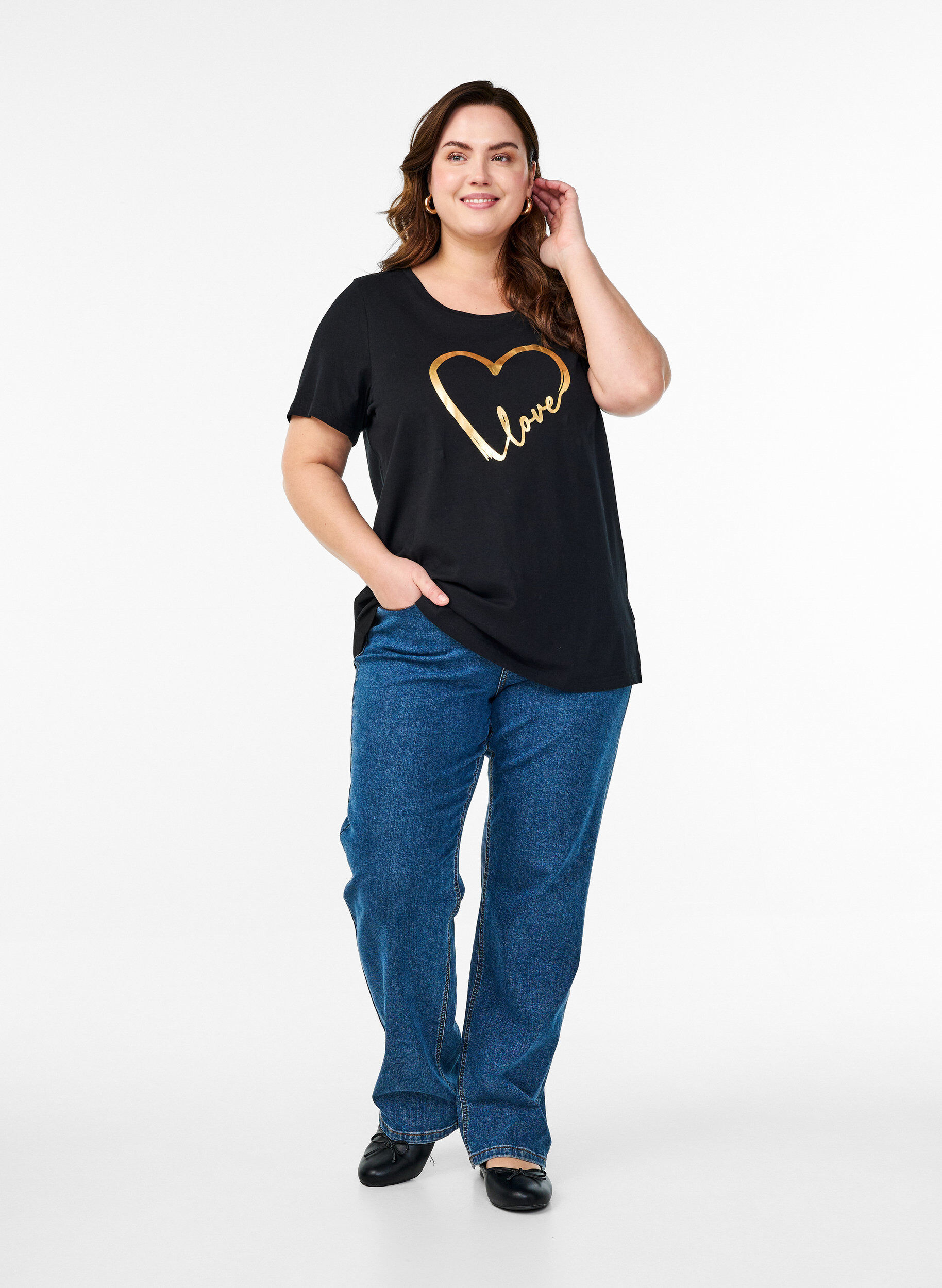 ZizziBaumwoll-T-Shirt mit Motiv, Black w. Gold Love, Model image number 2