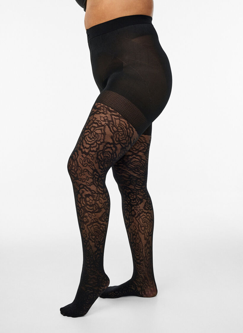 70 den Push-up-Strumpfhose mit Rosenmuster, Schwarz, Model image number 0