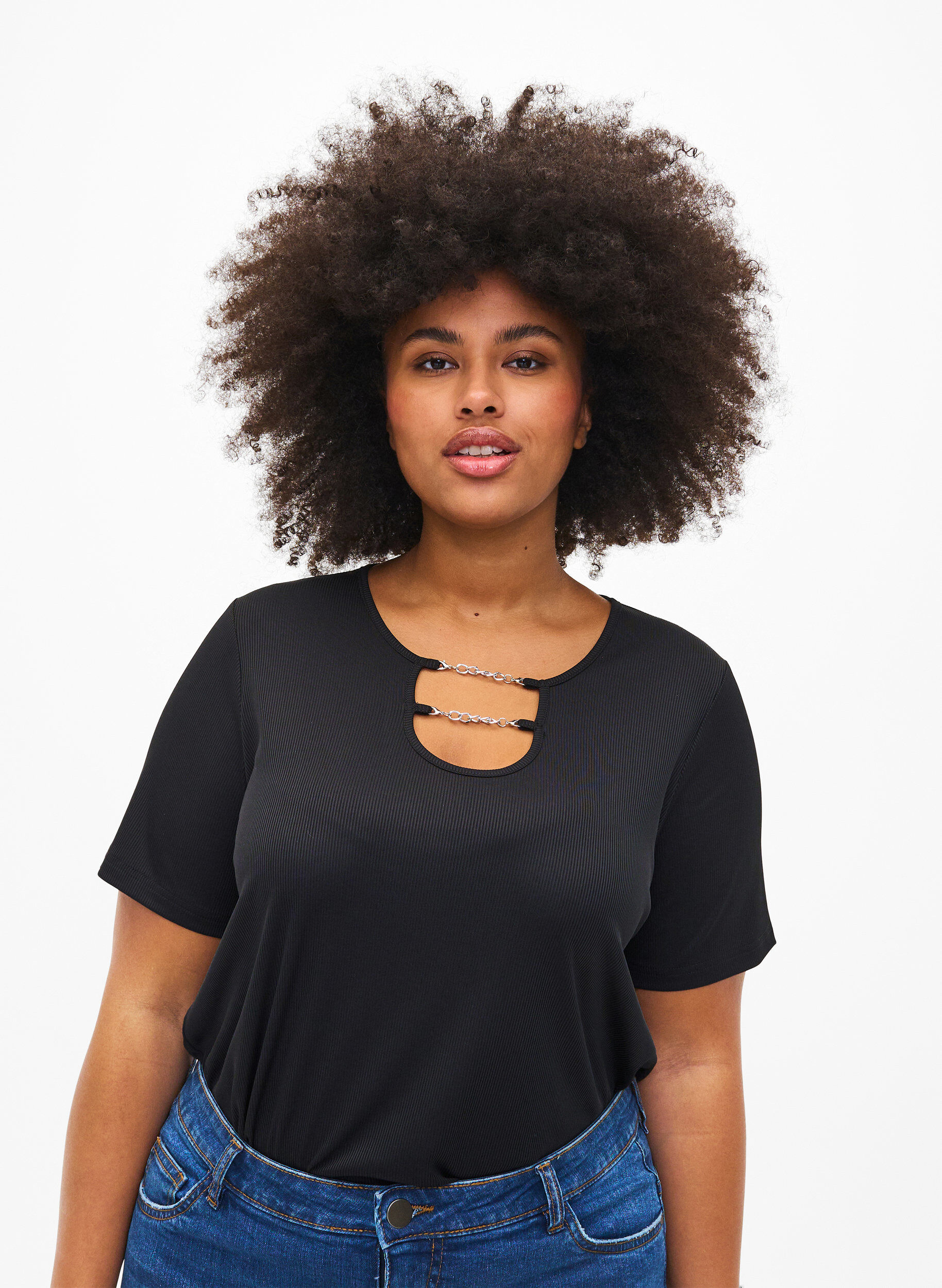 ZizziGerippte Bluse mit Kettendetail, Black, Model image number 0
