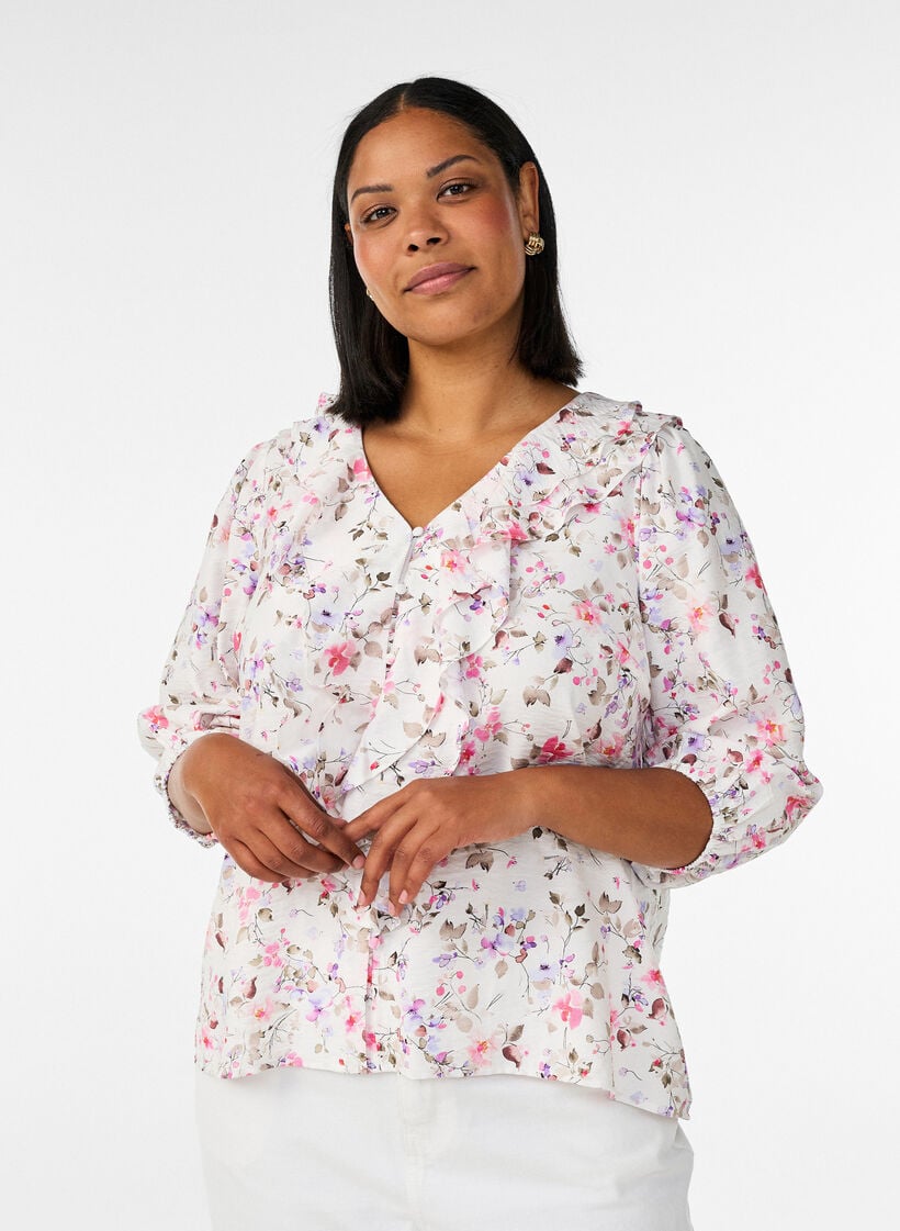 Gebl&uuml;mte Bluse aus Viskose mit 3/4-&Auml;rmeln, Vanille, Model image number 0