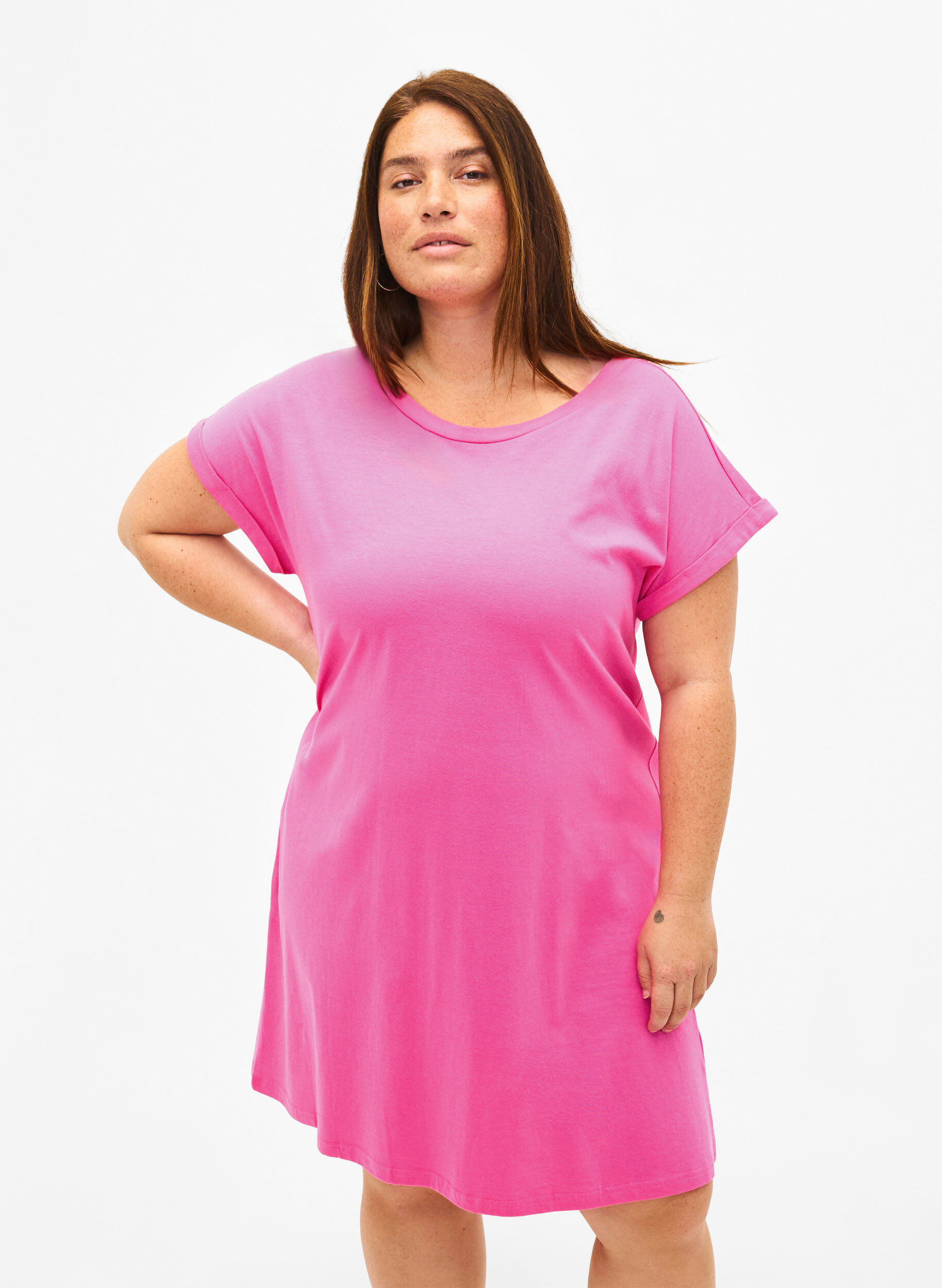 Zizzi2-pack Baumwollkleid mit kurzen &Auml;rmeln, Shocking Pink/Black, Model image number 0