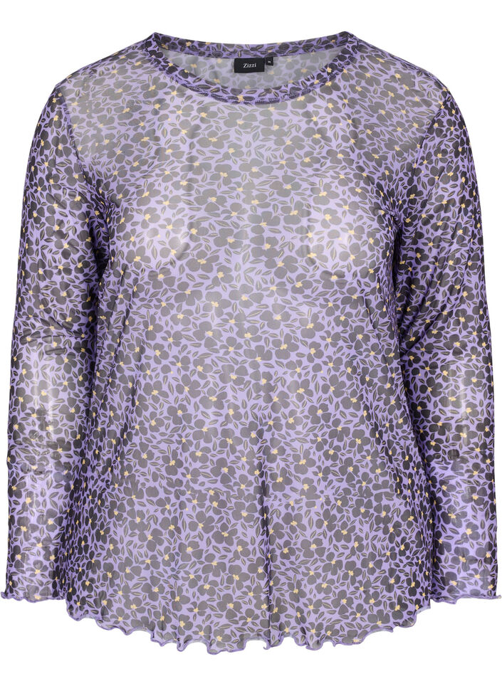 Enganliegende Mesh-Bluse mit Blumenmuster, Purple AOP, Packshot image number 0