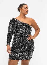 Kurzes One-Shoulder-Kleid mit Pailletten, Black/Silver Sequins, Model