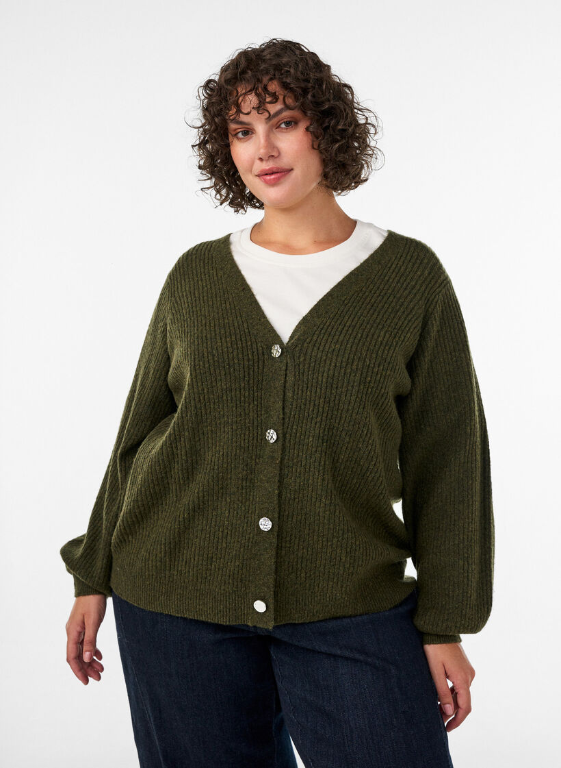 Strickjacke mit V-Ausschnitt und Rippstruktur, Gr&uuml;n, Model image number 0