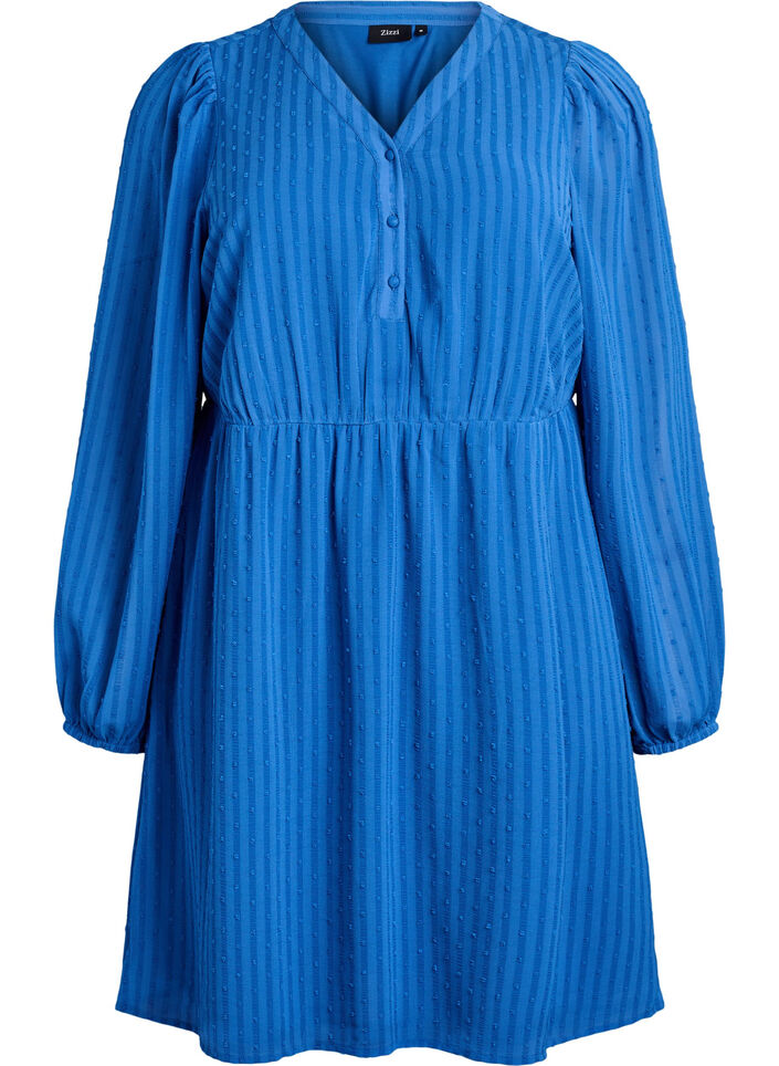 Kurzes Kleid mit Ton-in-Ton-Streifen und texturierten Punkten, Blau, Packshot image number 0