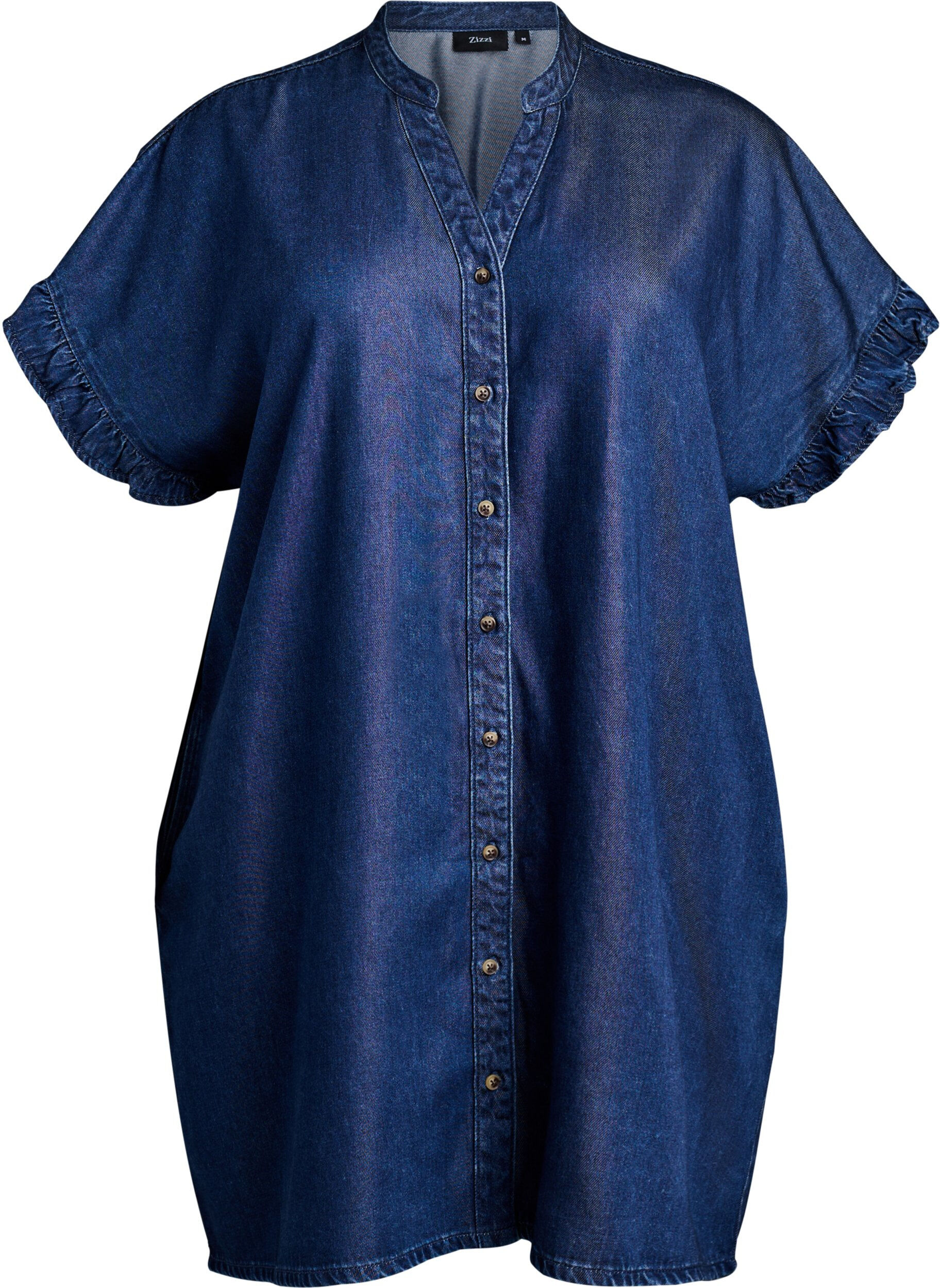 ZizziKleid in Denim-Optik mit Knopfleiste und R&uuml;schen&auml;rmeln, Blau, Packshot image number 0