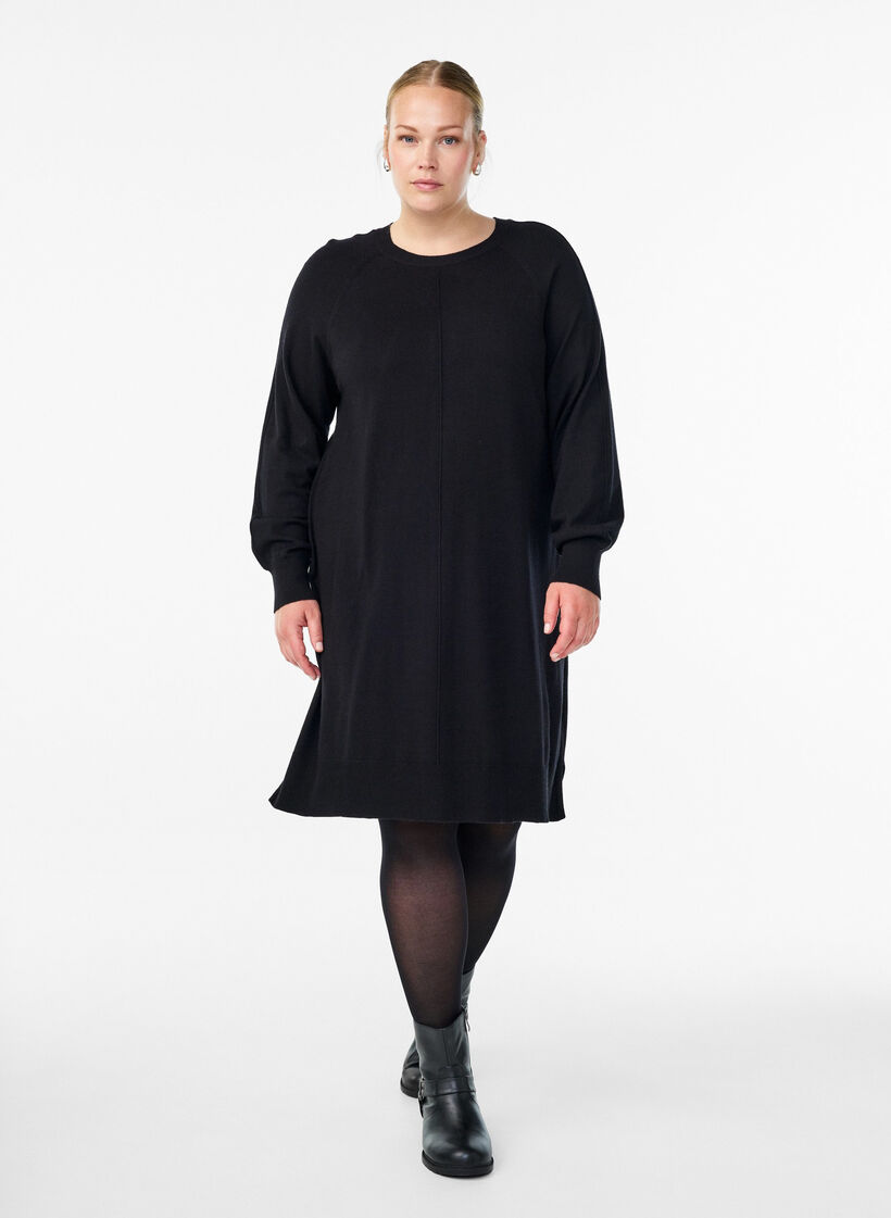 Strickkleid mit Raglanärmeln und Mittelnaht, Schwarz, Model image number 1