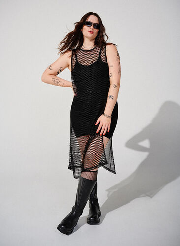 Ärmelloses Mesh-Kleid mit Schlitz, Black, Image image number 0
