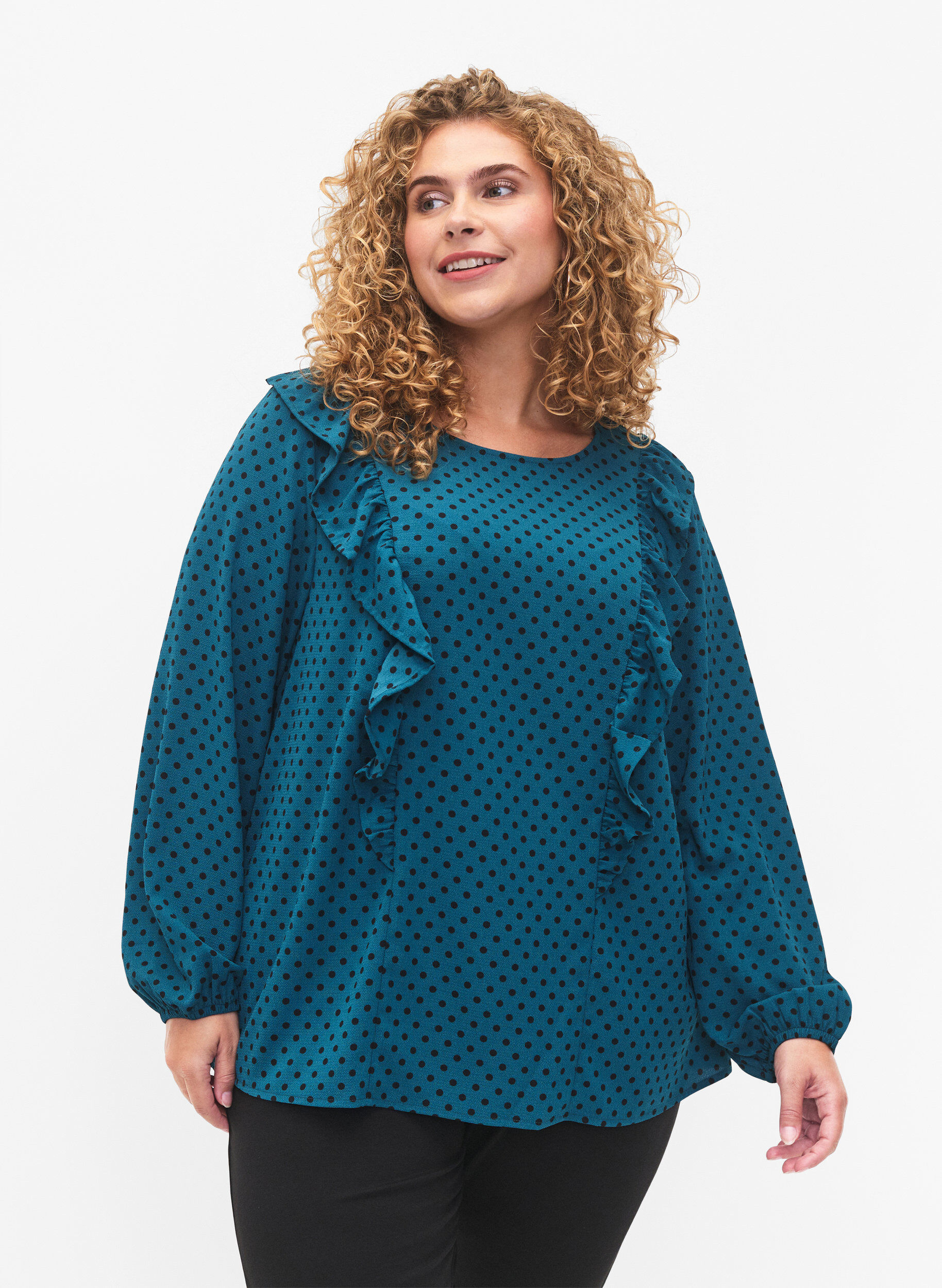 ZizziLang&auml;rmelige Bluse mit R&uuml;schen, Shaded Spruce Dot, Model image number 0