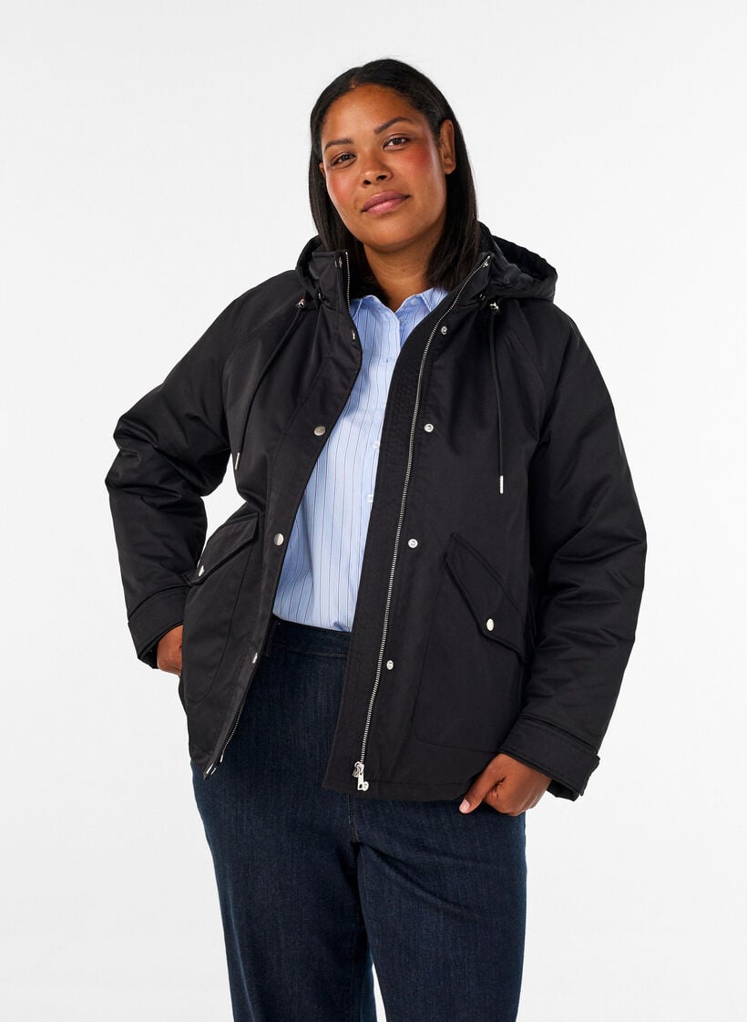 Gepolsterter Parka mit einer abnehmbaren Kapuze, Schwarz, Model image number 0