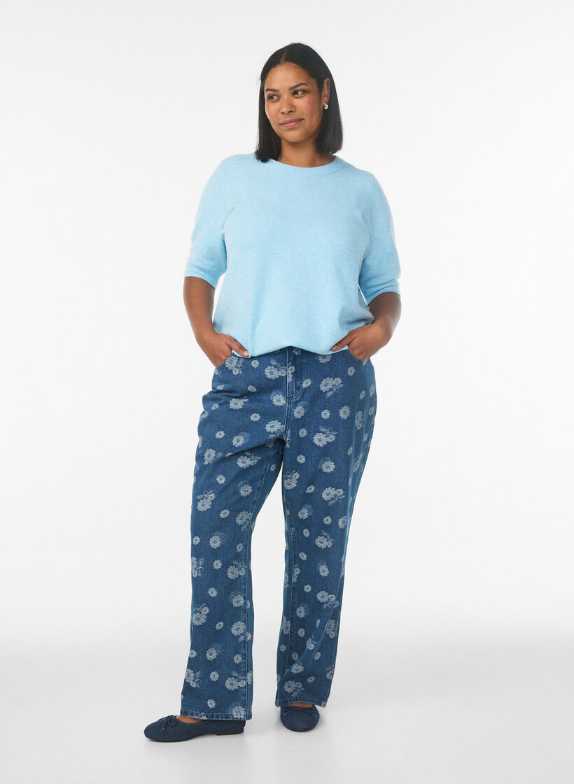 Bluse aus Strick mit kurzen &Auml;rmeln, Blau, Model