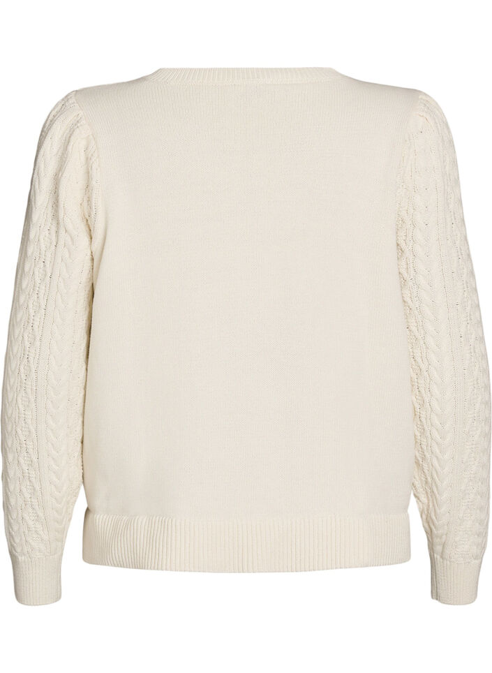 Strickbluse mit Zopfmuster und bestickten Blumen, Wei&szlig;, Packshot image number 1